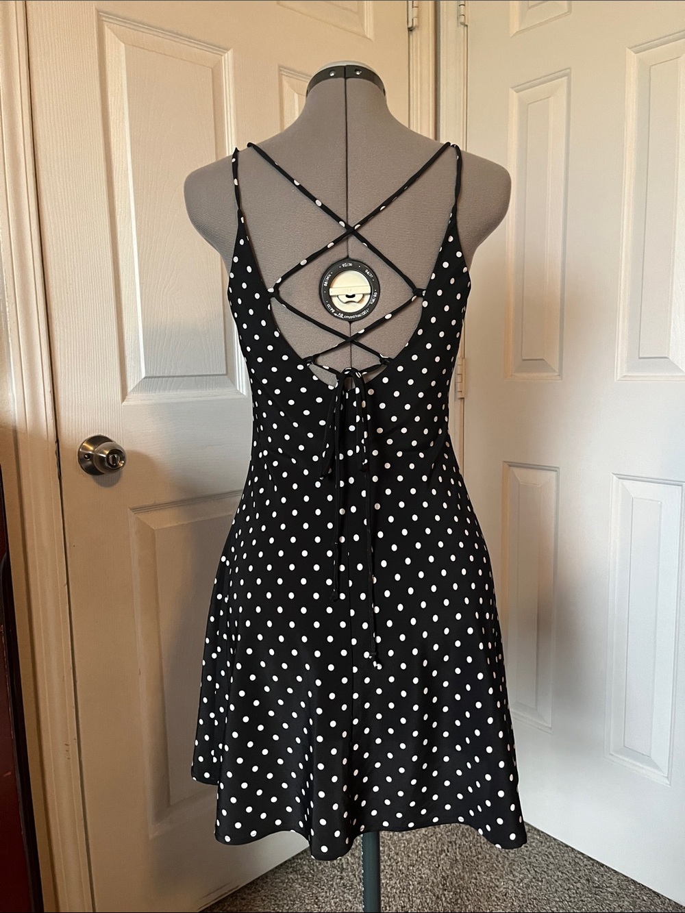 1990s DBY Ltd. Polka Dot Lace-Up Back Mini Dress, Black & White, Size 3/4